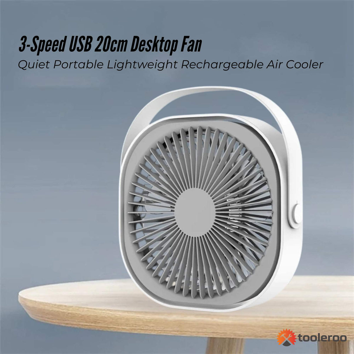 Tooleroo3-Speed USB 20cm Desktop Fan - Quiet Portable Lightweight Rechargeable Cooler