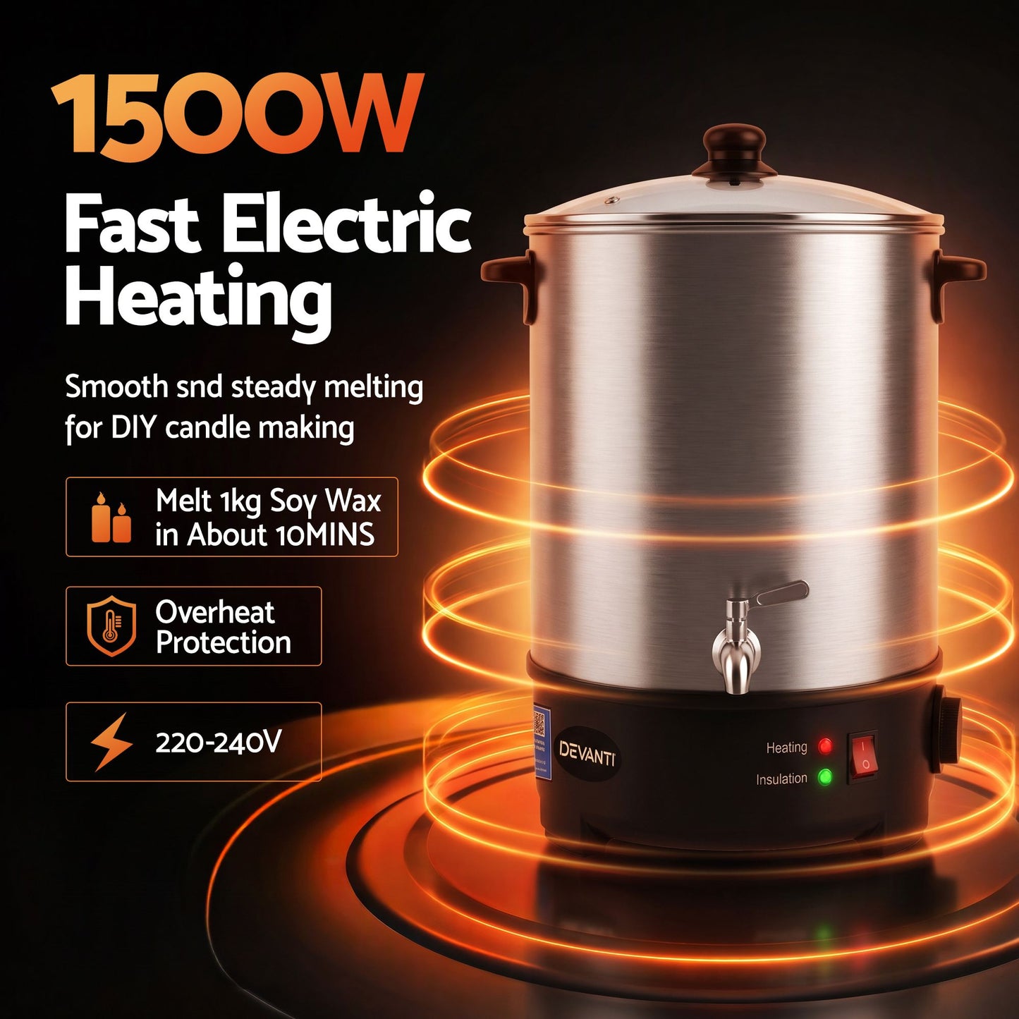 Devanti 16L Wax Melter Candle Making 1500W Melting Pot Furnace Quick Pour Spout Soy Soap