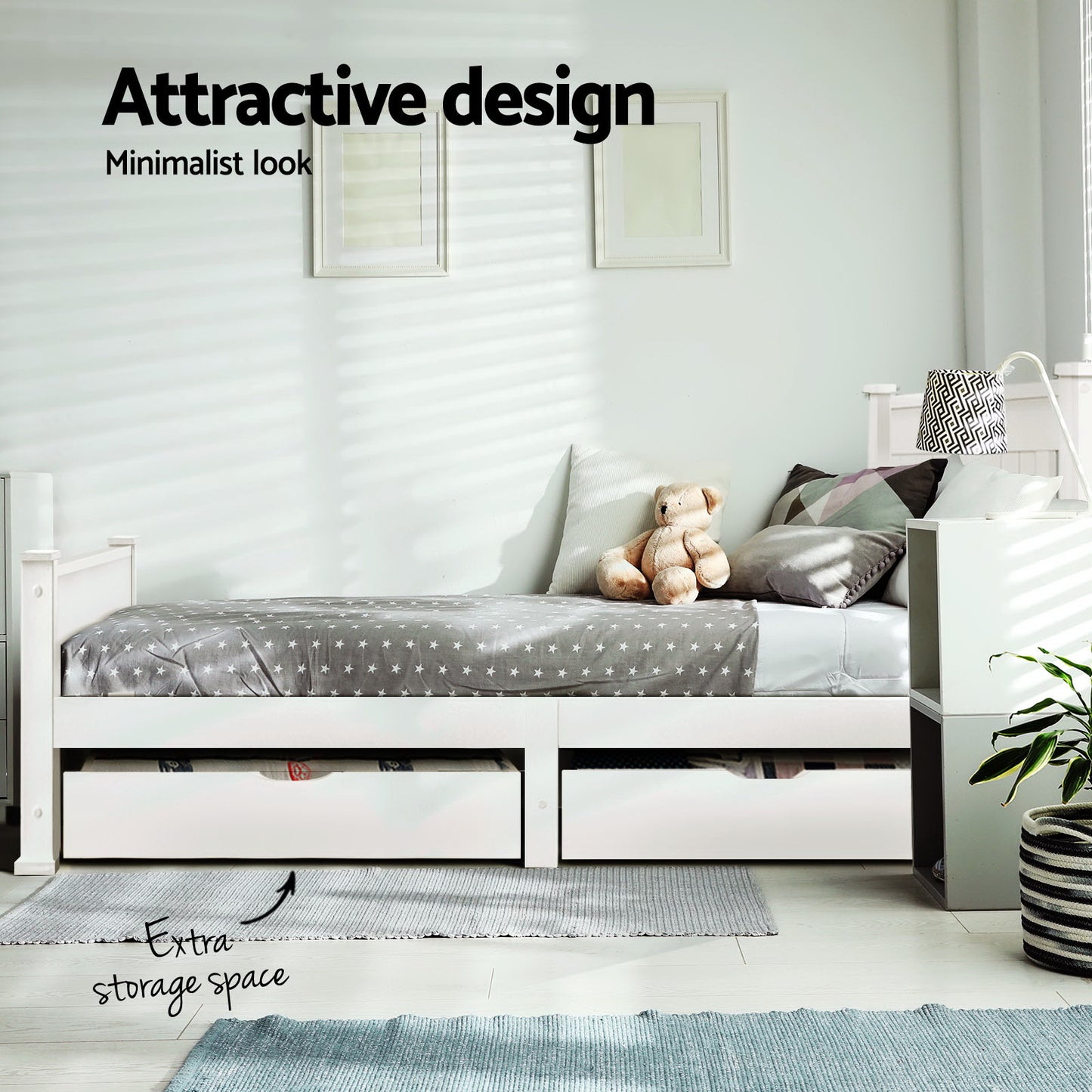 Artiss Bed Frame Single Size Wooden with 2 Drawers White RIO