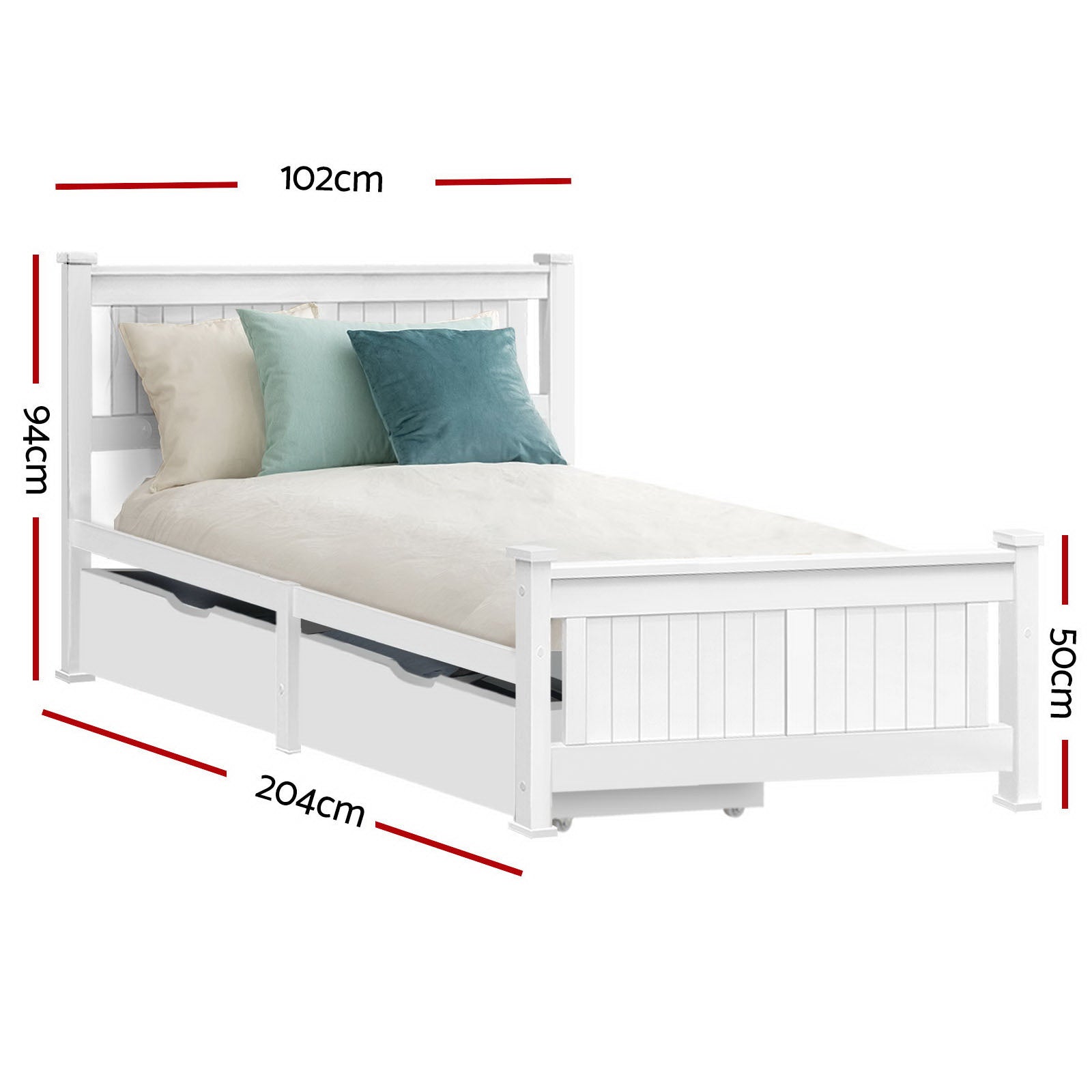Artiss Bed Frame Single Size Wooden with 2 Drawers White RIO