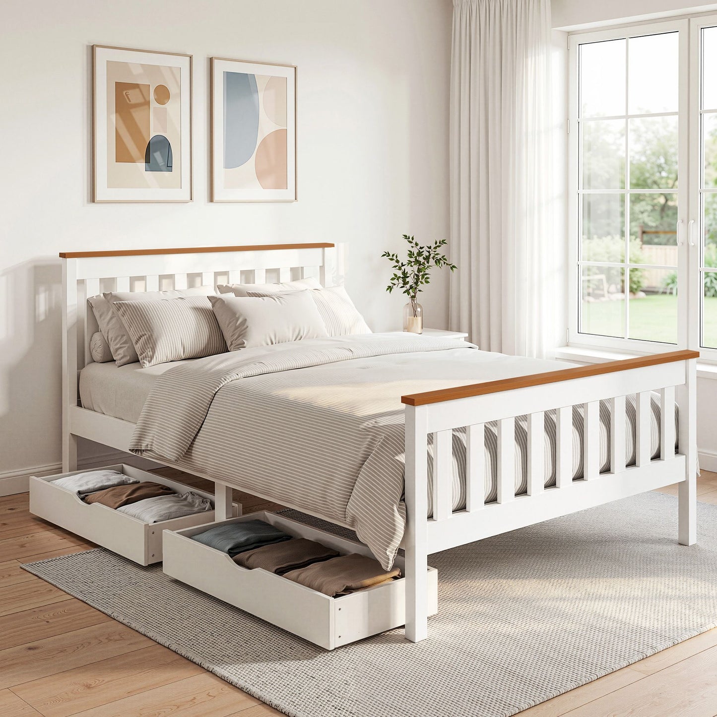 Artiss Bed Frame Double Size Wooden Platform with 2 Storage Drawers White PONY