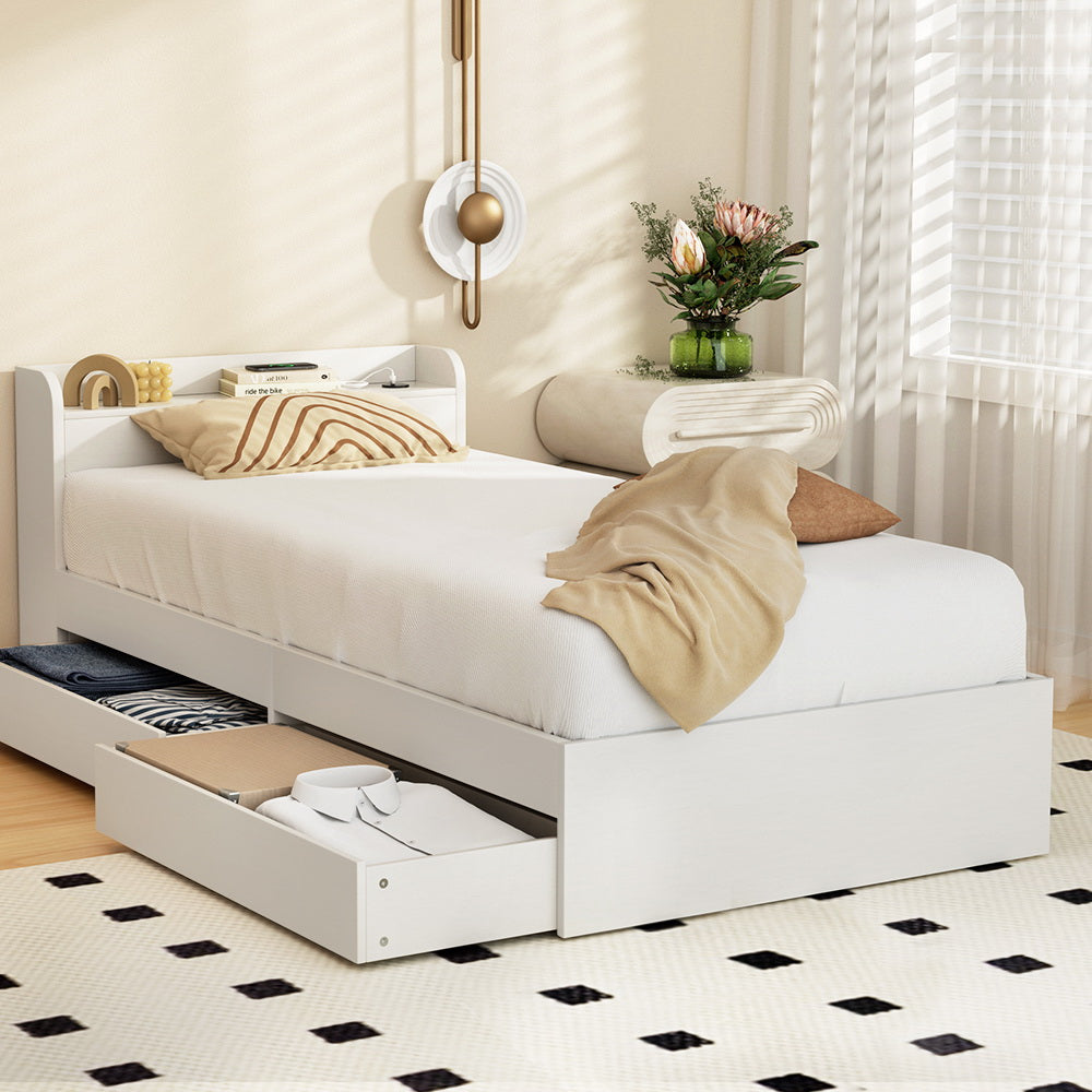 Artiss Bed Frame Single Size with Charging Ports and 2 Drawers AURA