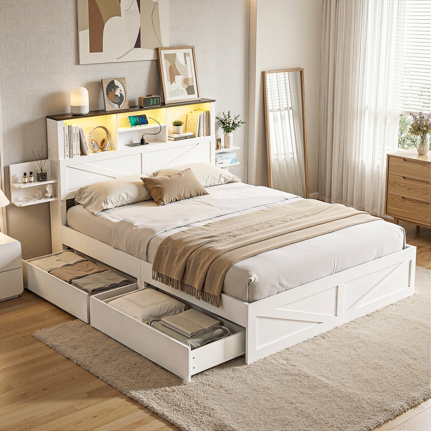 Artiss Double Bed Frame with Storage Drawers White Platform Bedframe with Bookcase Headboard Charging Station Led Light