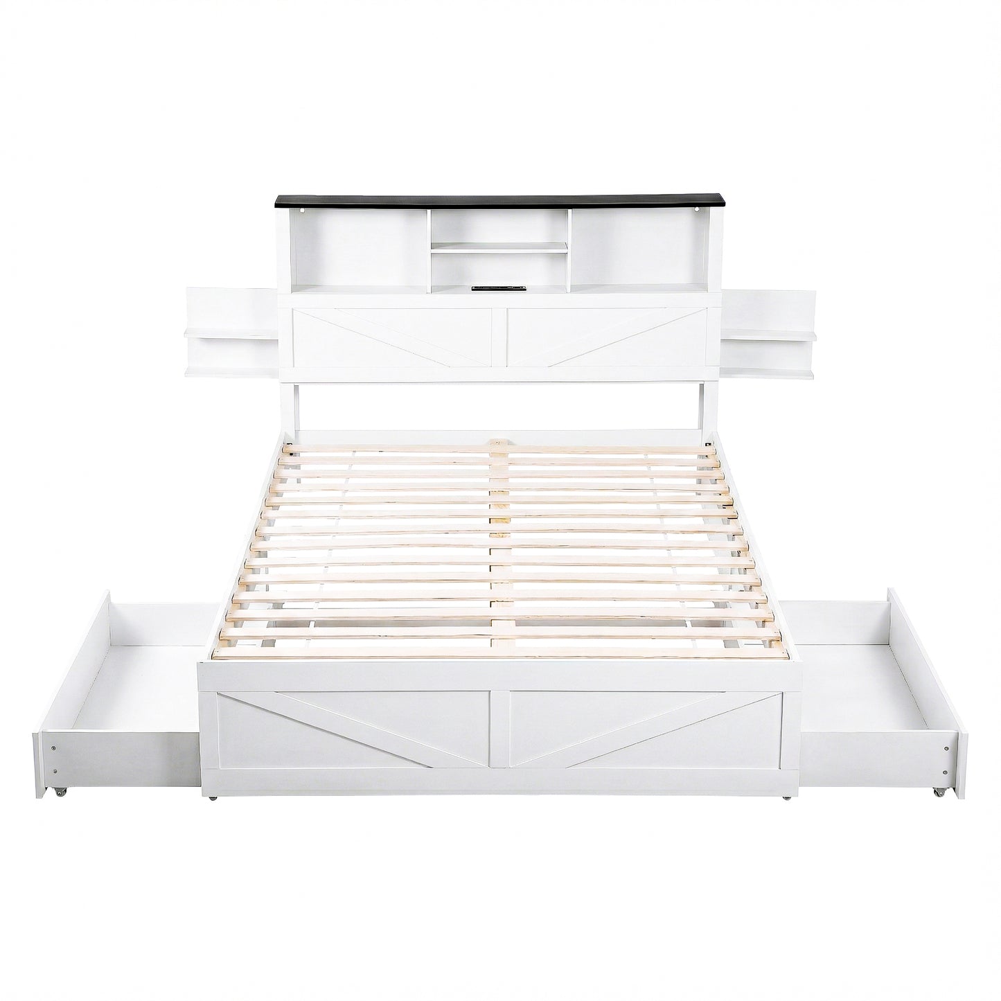 Artiss Double Bed Frame with Storage Drawers White Platform Bedframe with Bookcase Headboard Charging Station Led Light