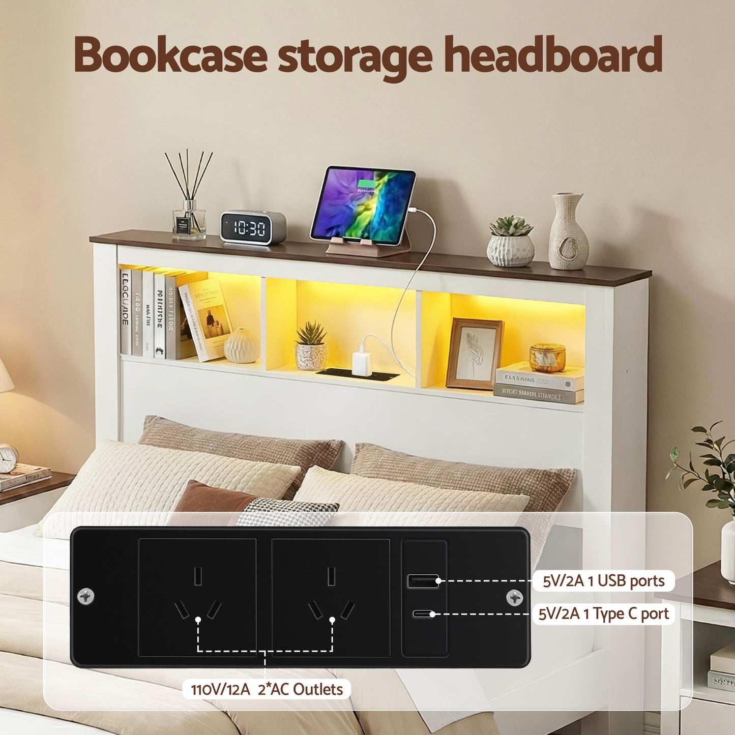Artiss Double Bed Frame with Storage Bookcase Headboard and Footboard White Wooden Platform Bed with Charging Station and Led Light Bedroom Furniture