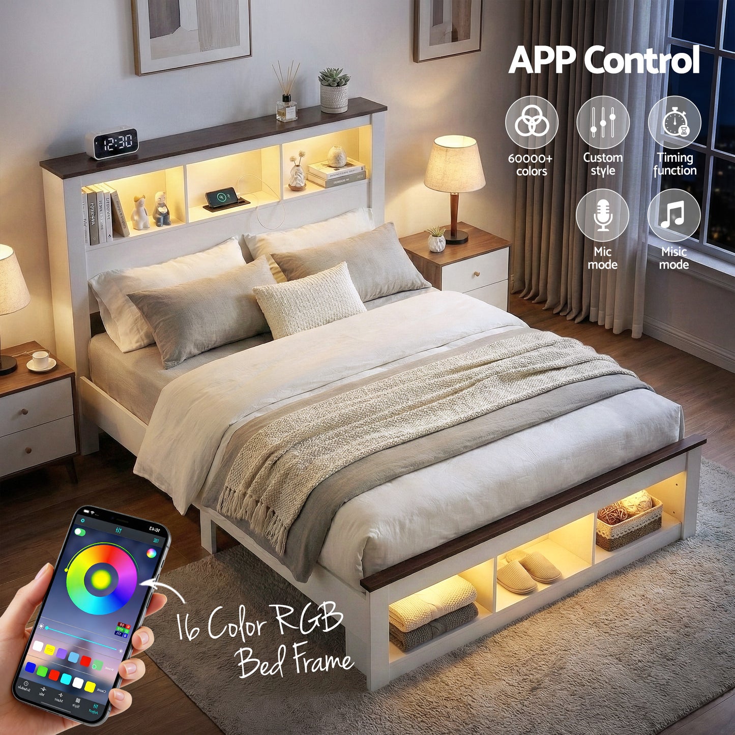 Artiss Double Bed Frame with Storage Bookcase Headboard and Footboard White Wooden Platform Bed with Charging Station and Led Light Bedroom Furniture