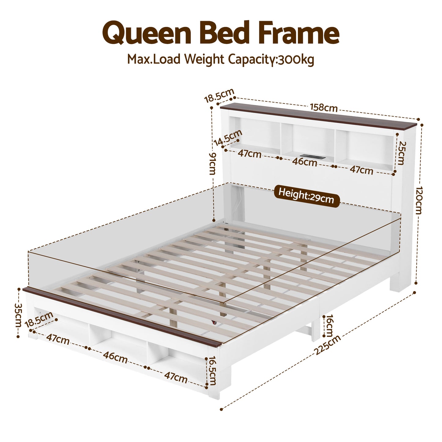 Artiss Queen Bed Frame with Storage Bookcase Headboard and Footboard White Wooden Platform Bed with Charging Station and Led Light Bedroom Furniture