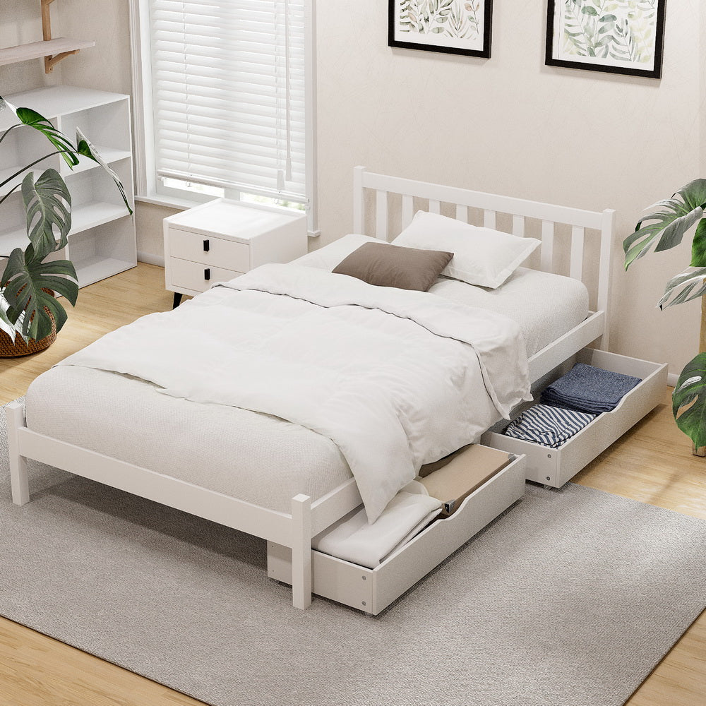 Artiss Bed Frame King Single Size Wooden Platform with 2 Storage Drawers White