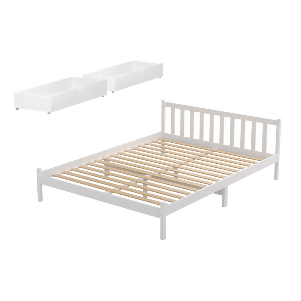 Artiss Bed Frame Queen Size Wooden Platform with 2 Storage Drawers White