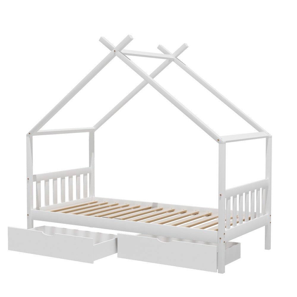 Artiss Bed Frame Wooden Base Kids Single Timber House with 2 Storage Drawers Beds White