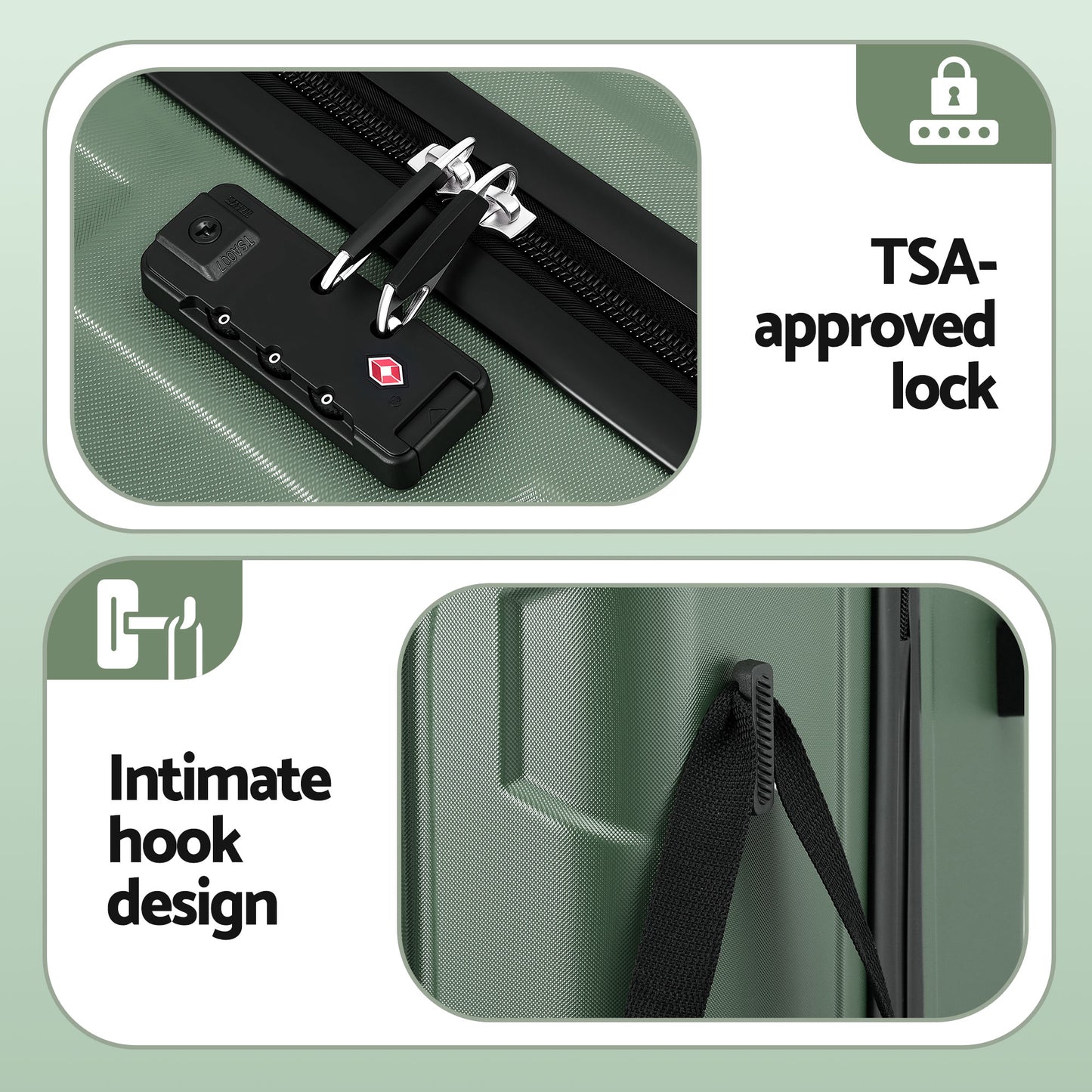 Wanderlite 3pcs Luggage Suitcase Set Trolley Travel TSA Lightweight Hard Case Grey Green