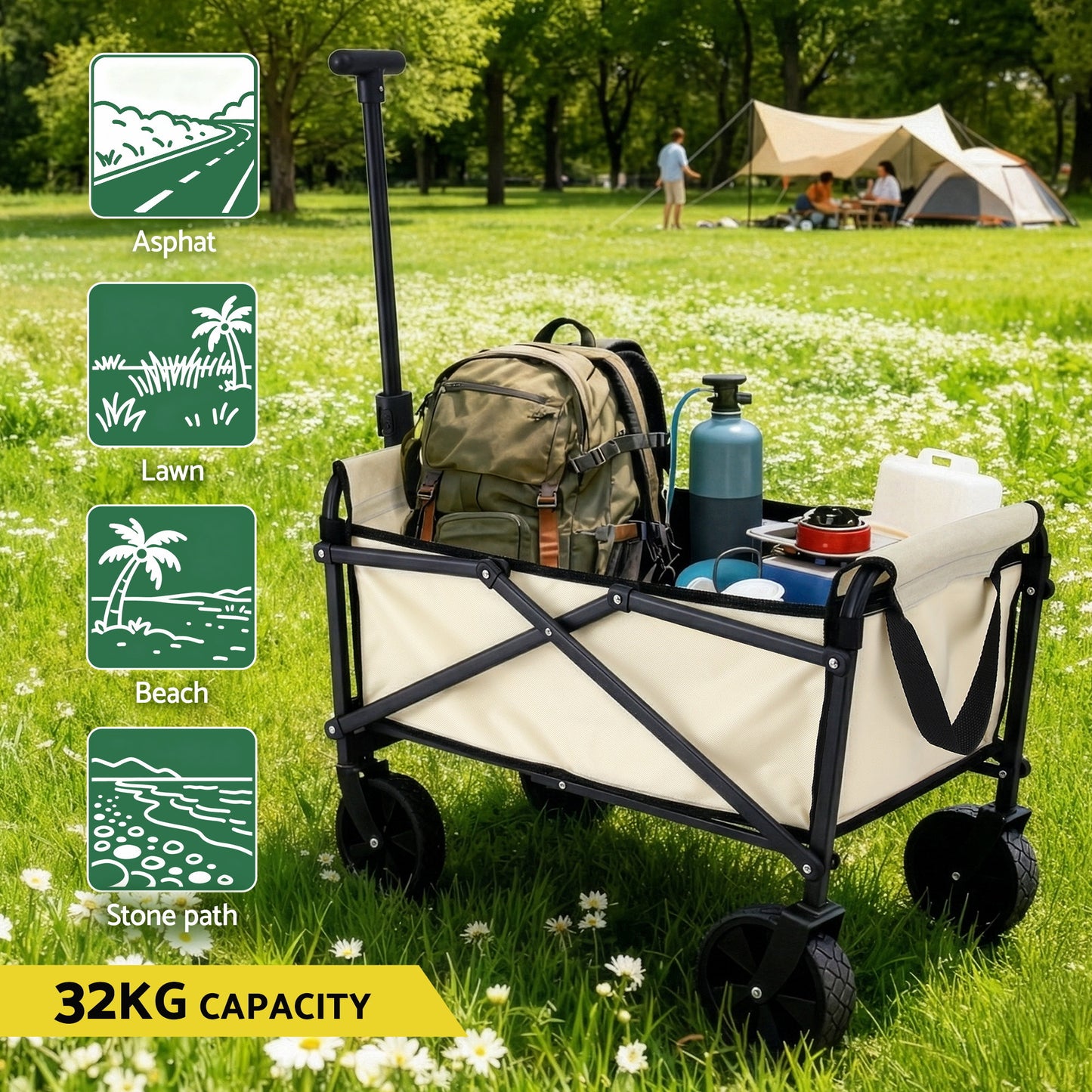 Gardeon Garden Cart Folding Trolley Camping Wagon Barrow Outdoor Beach Beige