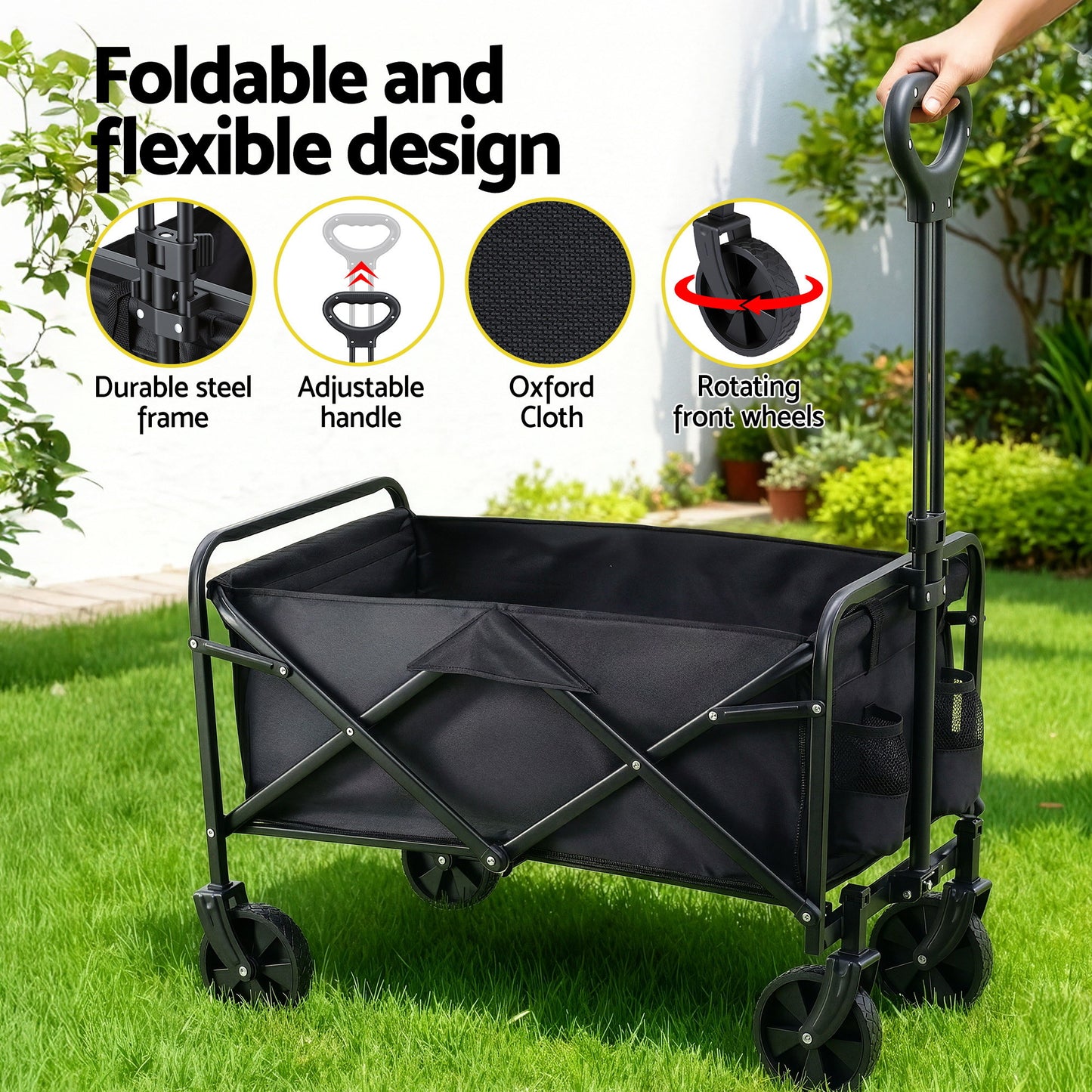 Gardeon Garden Cart Folding Trolley Camping Wagon Barrow Outdoor Beach Black