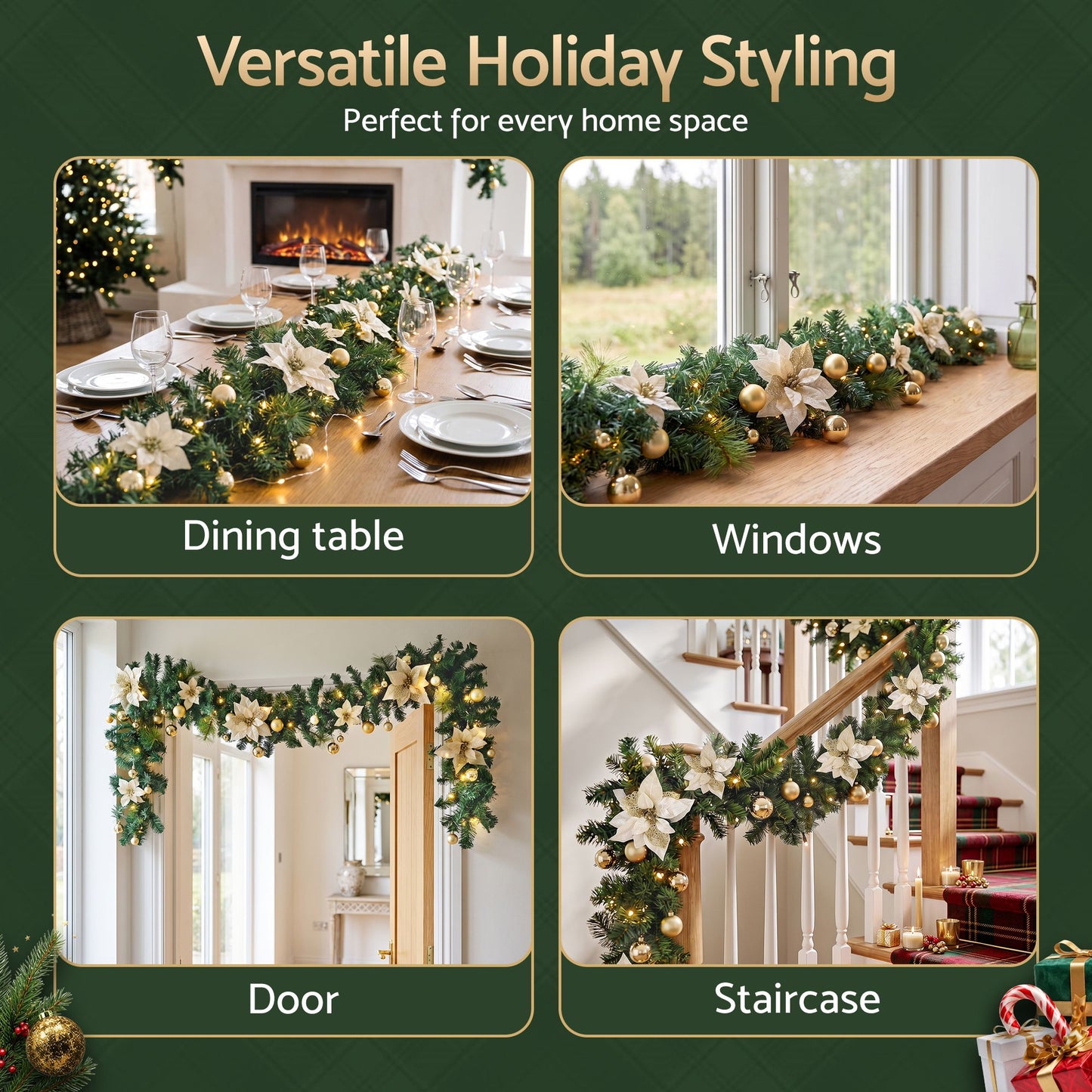Jingle Jollys 2.7M Christmas Garland 8 Mode LEDs Timing 200 Tips Flowers Balls