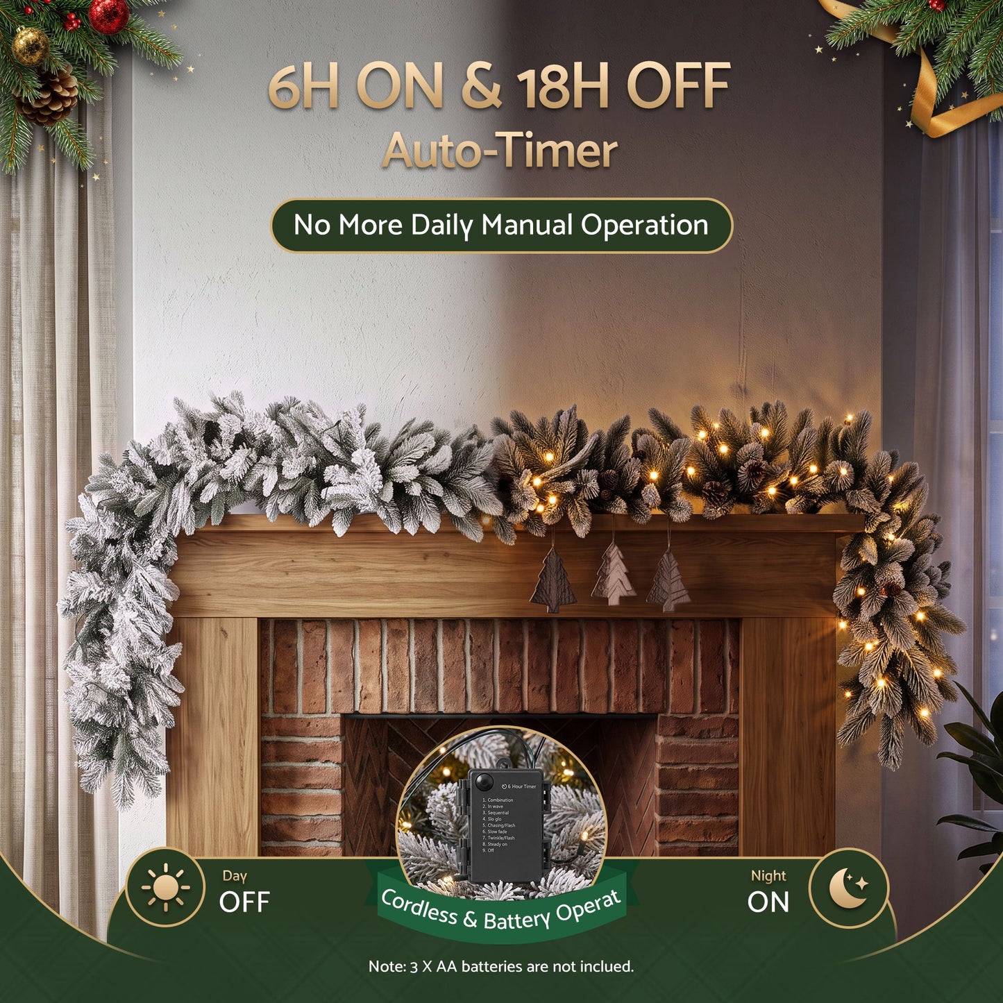 Jingle Jollys 1.8M Christmas Garland 8 Mode LED Snow Frosted Tips Auto Timing