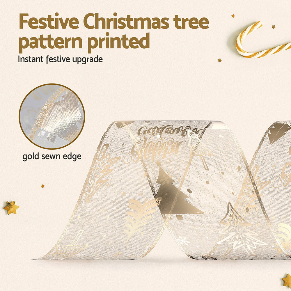 Jingle Jollys 20M Christmas Ribbon Roll Bow Printed Xmas Tree Decor Gift Gold