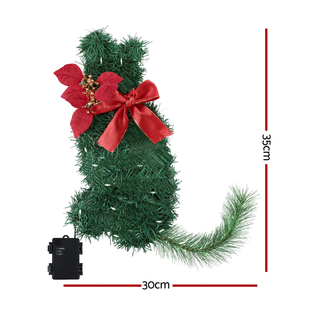 Jingle Jollys Cat Christmas Wreath Pre-lit 20 LED Xmas Decor Bow Flower 35x30cm