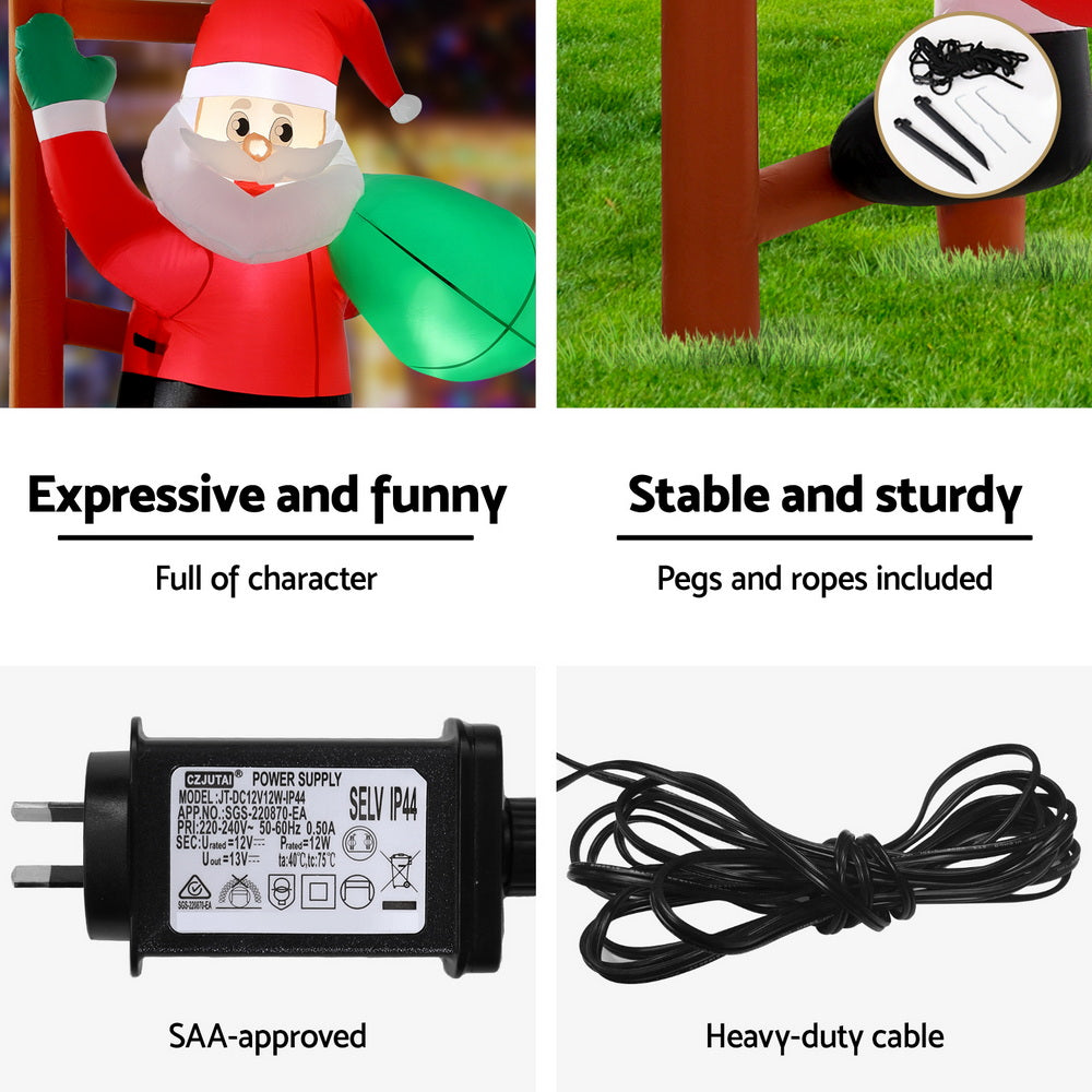 Jingle Jollys Christmas Inflatable Santa Climbing Ladder 2.45M Height LED Decorations Illuminated