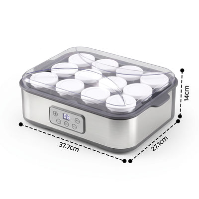 Devanti Yoghurt Maker Machine with 12x180ml Glass Cups Temp Control Grey