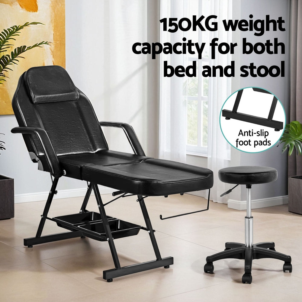 Zenses Beauty Bed with Stool, Black, Adjustable Facial Massage Table, Tattoo Chair, Salon Services