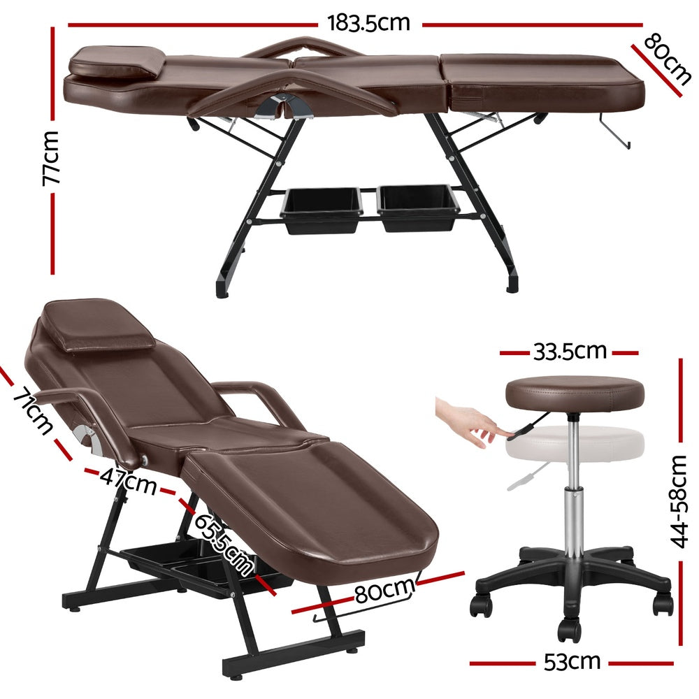 Zenses Beauty Bed with Stool, Brown, Adjustable Facial Massage Table, Tattoo Chair, Salon Services