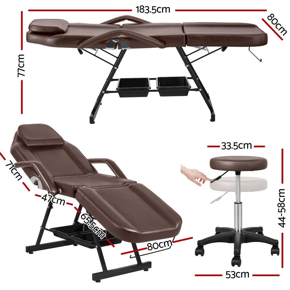 Zenses Beauty Bed with Stool, Brown, Adjustable Facial Massage Table, Tattoo Chair, Salon Services