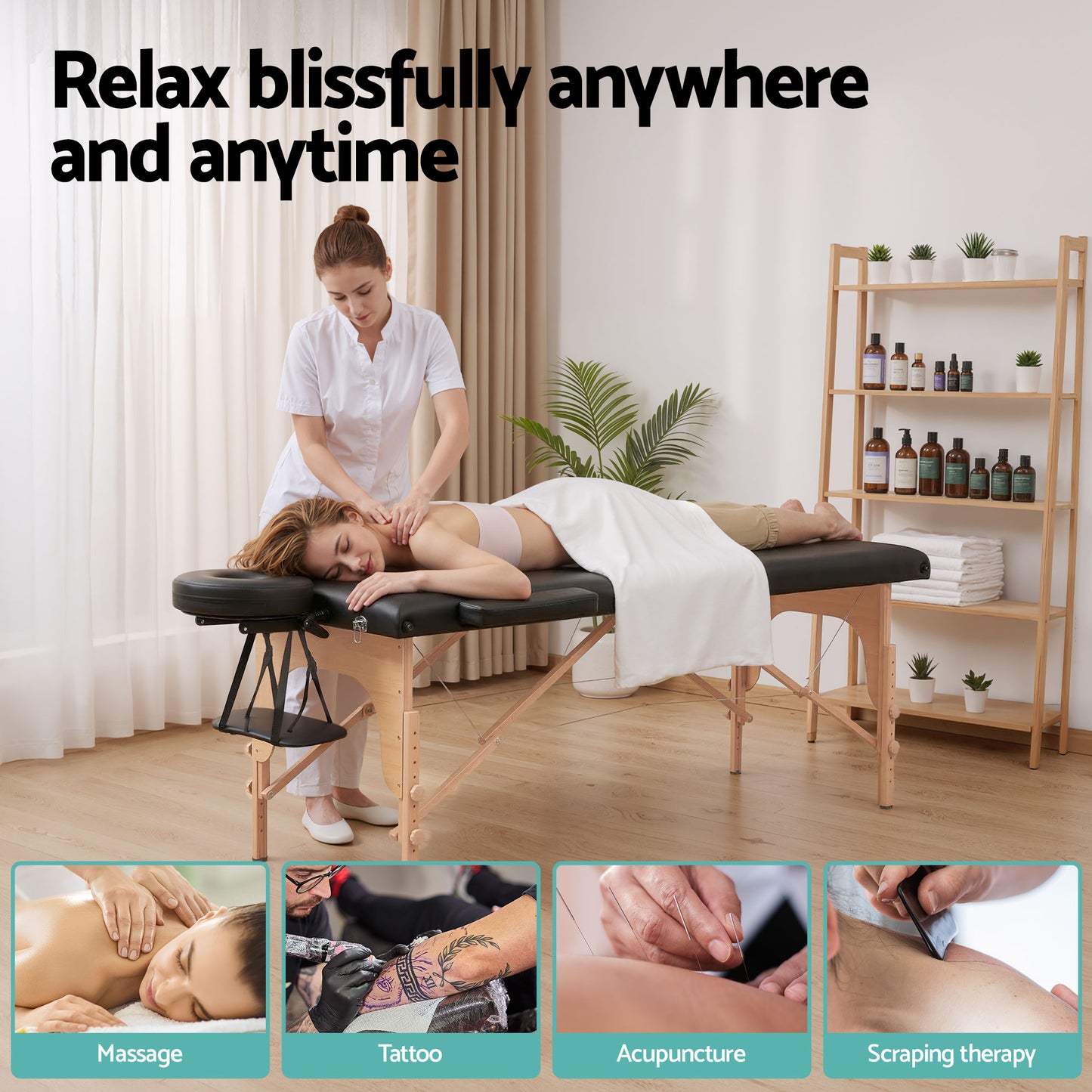 Zenses Massage Table 70cm Portable 2 Fold Wooden Beauty Waxing Therapy Bed Black