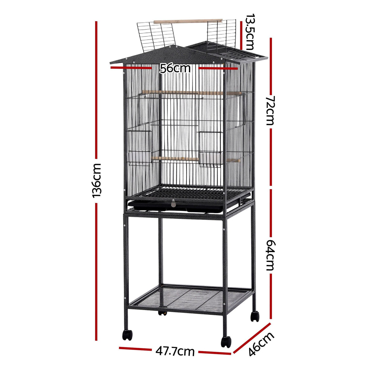 i.Pet 136cm Bird Cage Aviary Open Top Parrot Budgie Stand Wheels Black