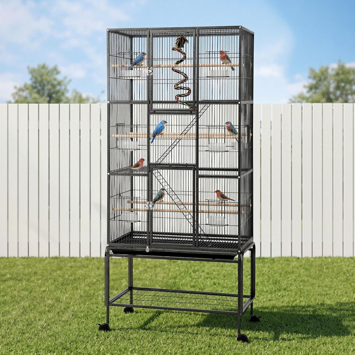 i.Pet 176cm 3-Tier Large Bird Cage Aviary with Ladder Parrot Budgie Wheels Black