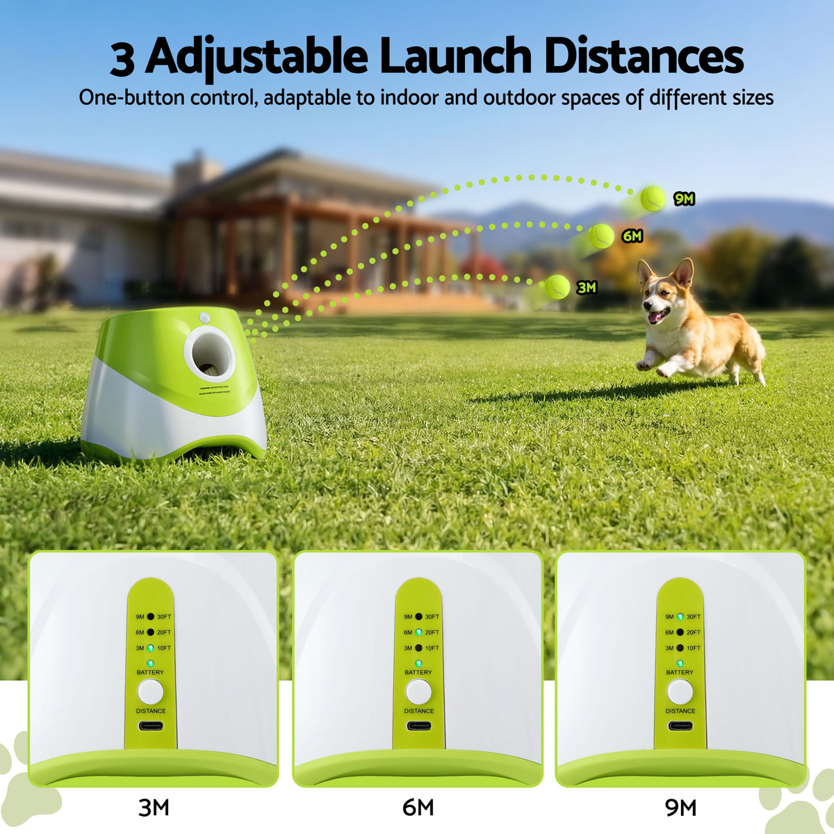 i.Pet Dog Ball Launcher Thrower with 6 Balls & 3/6/9m Launch Distances Green