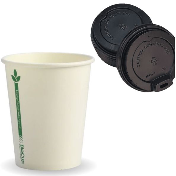 100 Cups + 100 Lids Disposable Biocup Coffee 280Ml/350Ml Bulk Paper Takeaway