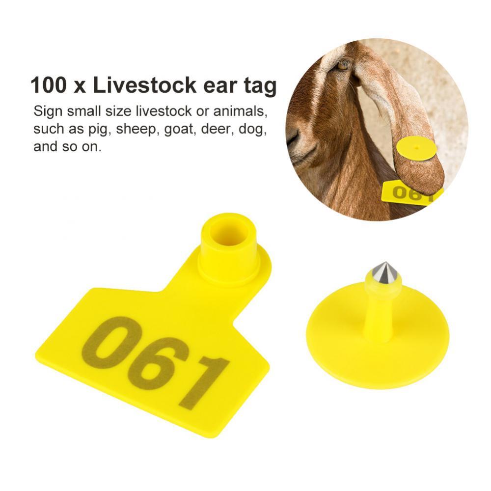 1-100 Cattle Number Ear Tags 5x4cm Set - Small Yellow Pig Goat Livestock Label