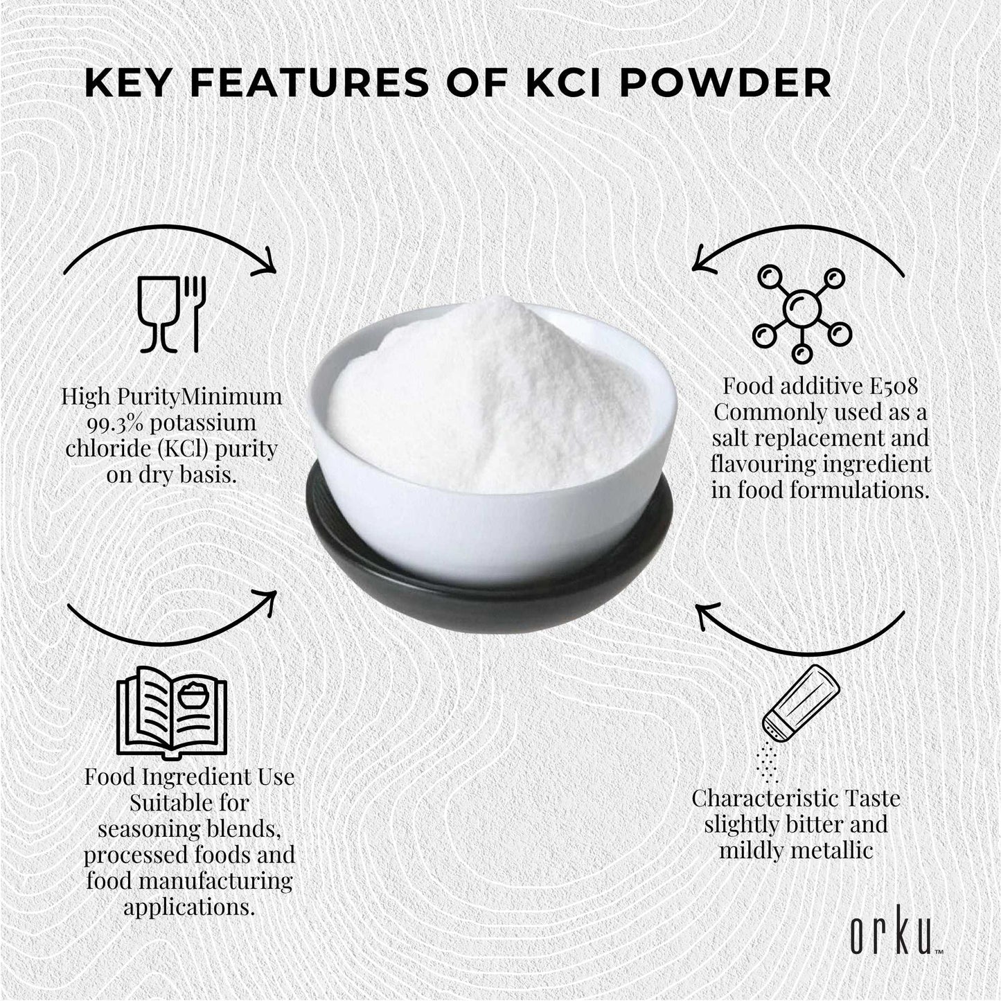 Orku 1.3Kg Potassium Chloride Powder (KCl) Tub - Food Grade E508 Salt Substitute