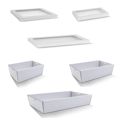 10 x White Disposable Catering Grazing Boxes Trays Clear Frame Lids - Large