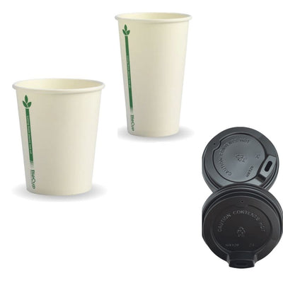 100 Cups + 100 Lids Disposable Biocup Coffee 280Ml/350Ml Bulk Paper Takeaway