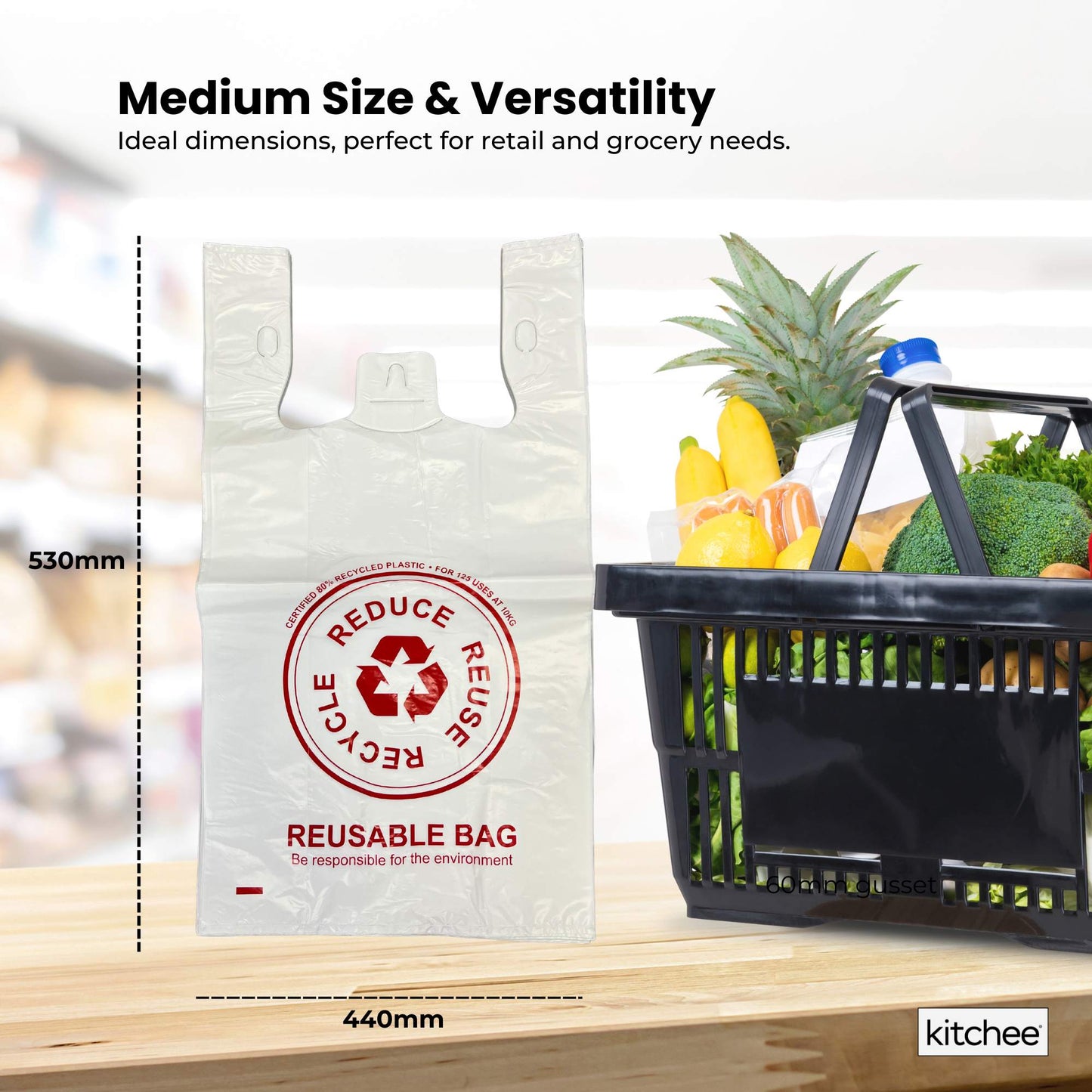 500x Large Reusable Plastic Singlet Shopping Bags - 80% Recycled 38UM Compliant