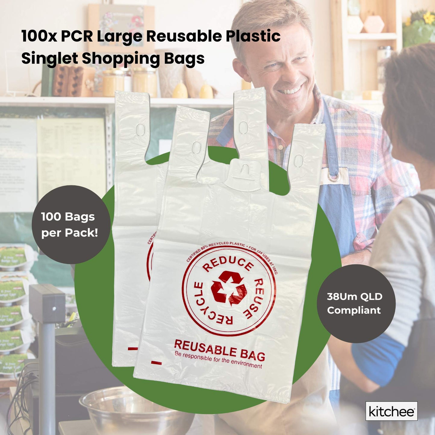 500x Large Reusable Plastic Singlet Shopping Bags - 80% Recycled 38UM Compliant