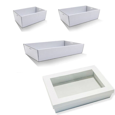 100 X White Disposable Catering Grazing Boxes Trays Clear Frame Lids - Medium