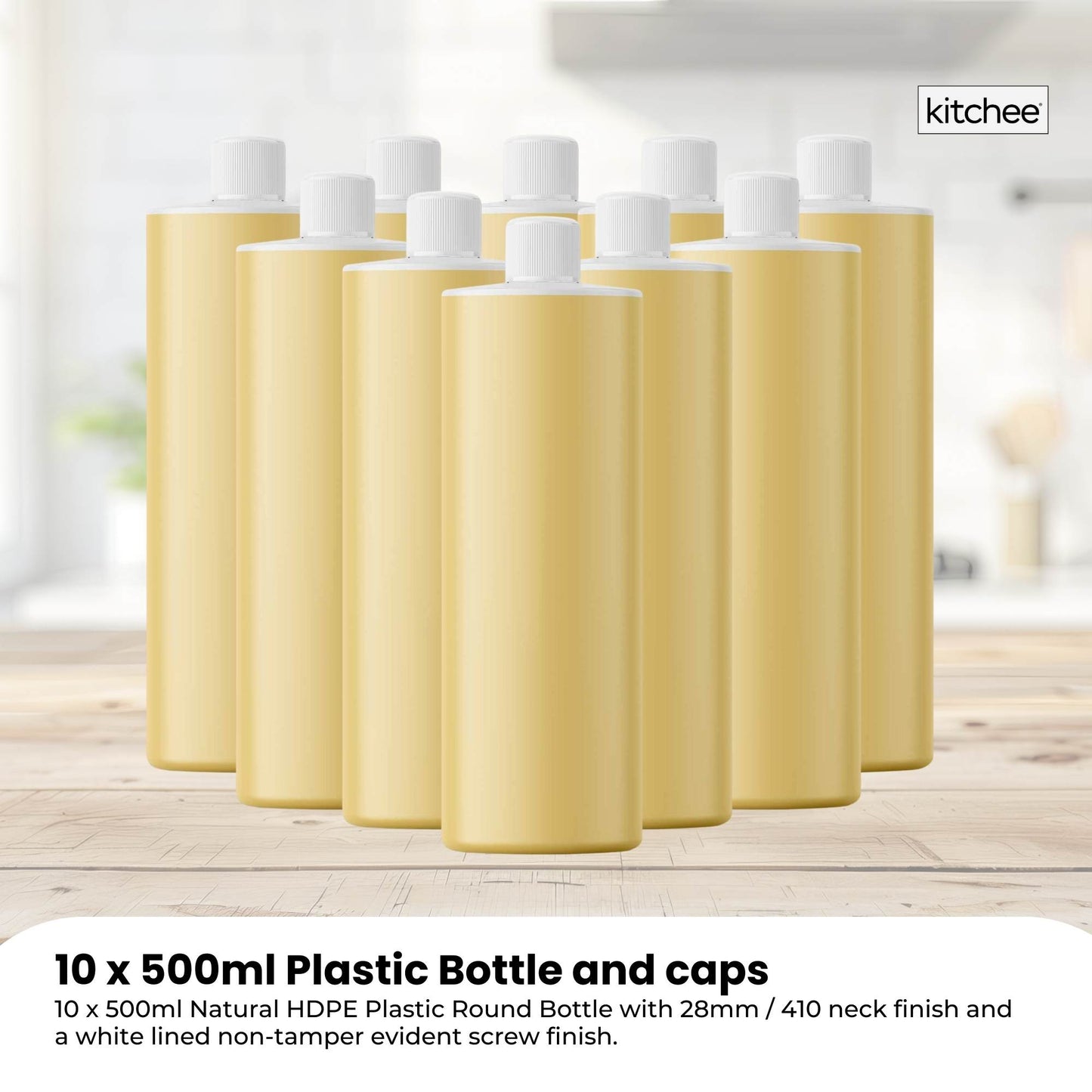 10x 500ml Clear HDPE Round Bottle + 28/410 Caps - Empty Plastic Food Storage
