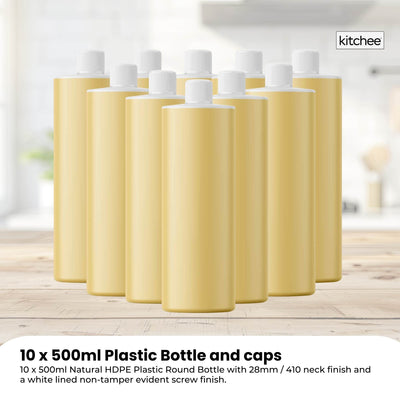10x 500ml Clear HDPE Round Bottle + 28/410 Caps - Empty Plastic Food Storage
