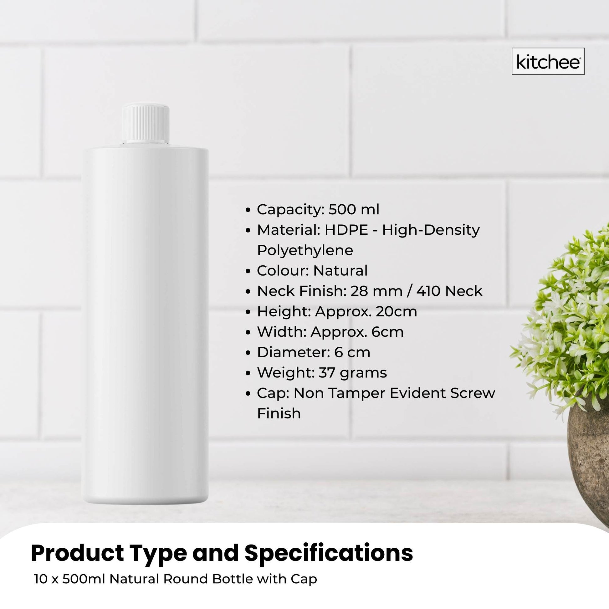 10x 500ml Clear HDPE Round Bottle + 28/410 Caps - Empty Plastic Food Storage