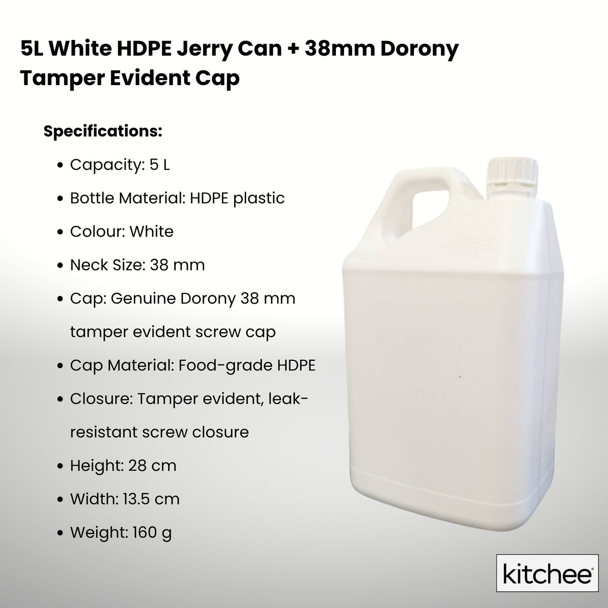 10x 5L White HDPE Jerry Can + 38mm Tamper Evident Cap - Dangerous Goods