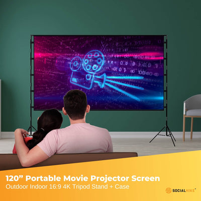 120” Portable Movie Projector Screen - Outdoor Indoor 16:9 4K Tripod Stand Case