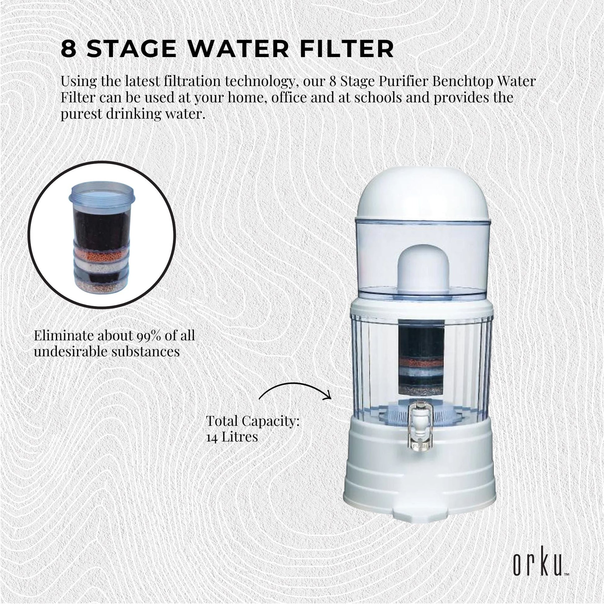 14L Benchtop 8 Stage Water Filter - Ceramic Carbon Mineral Stone Silica Purifier