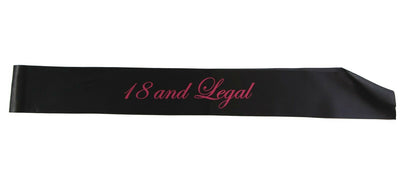 18th Birthday Sash - 18 And Legal - Black/Hot Pink Edwardian Font