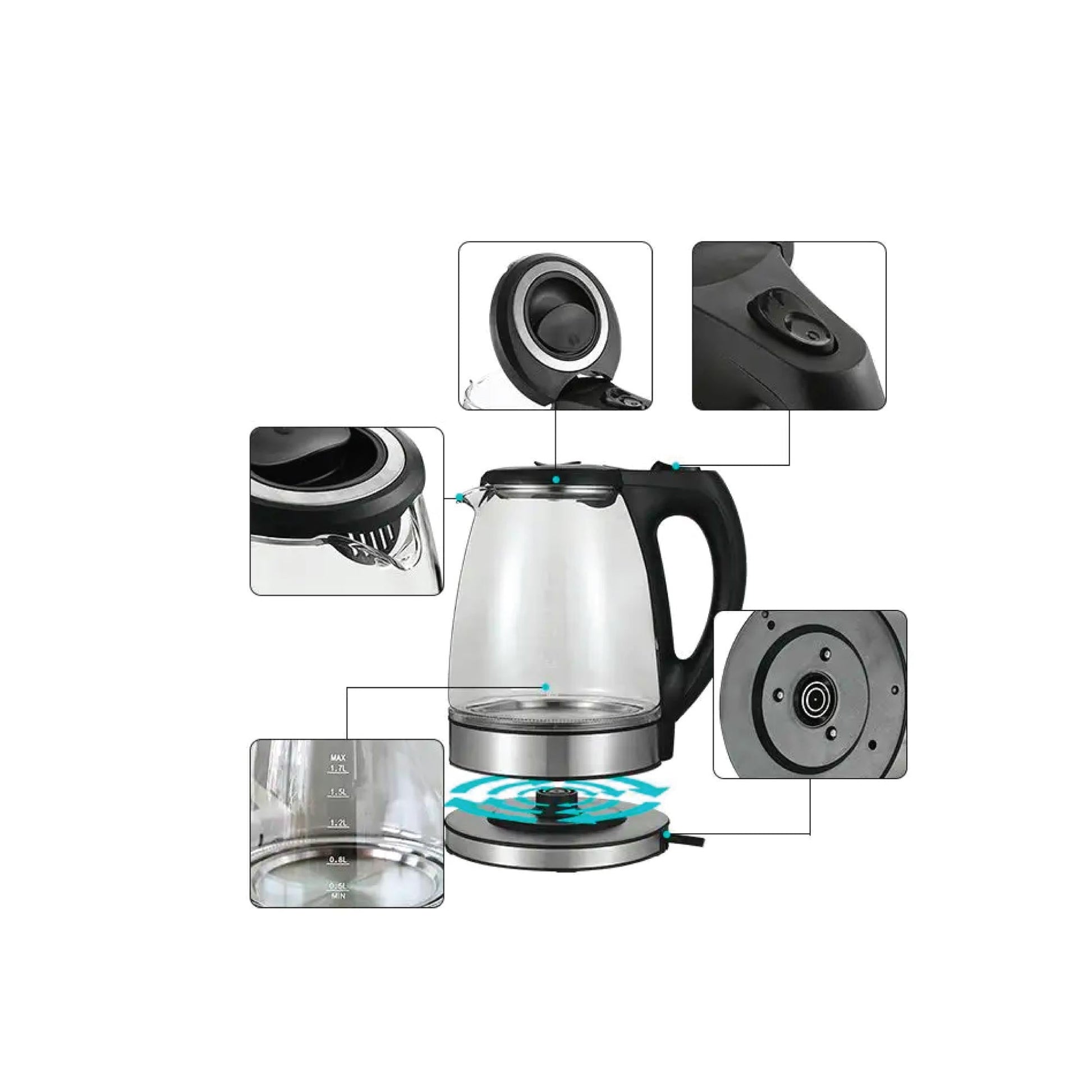 1.7L Electric Glass Kettle LED Blue Light 360 Automatic Cordless Water Boiling Jug