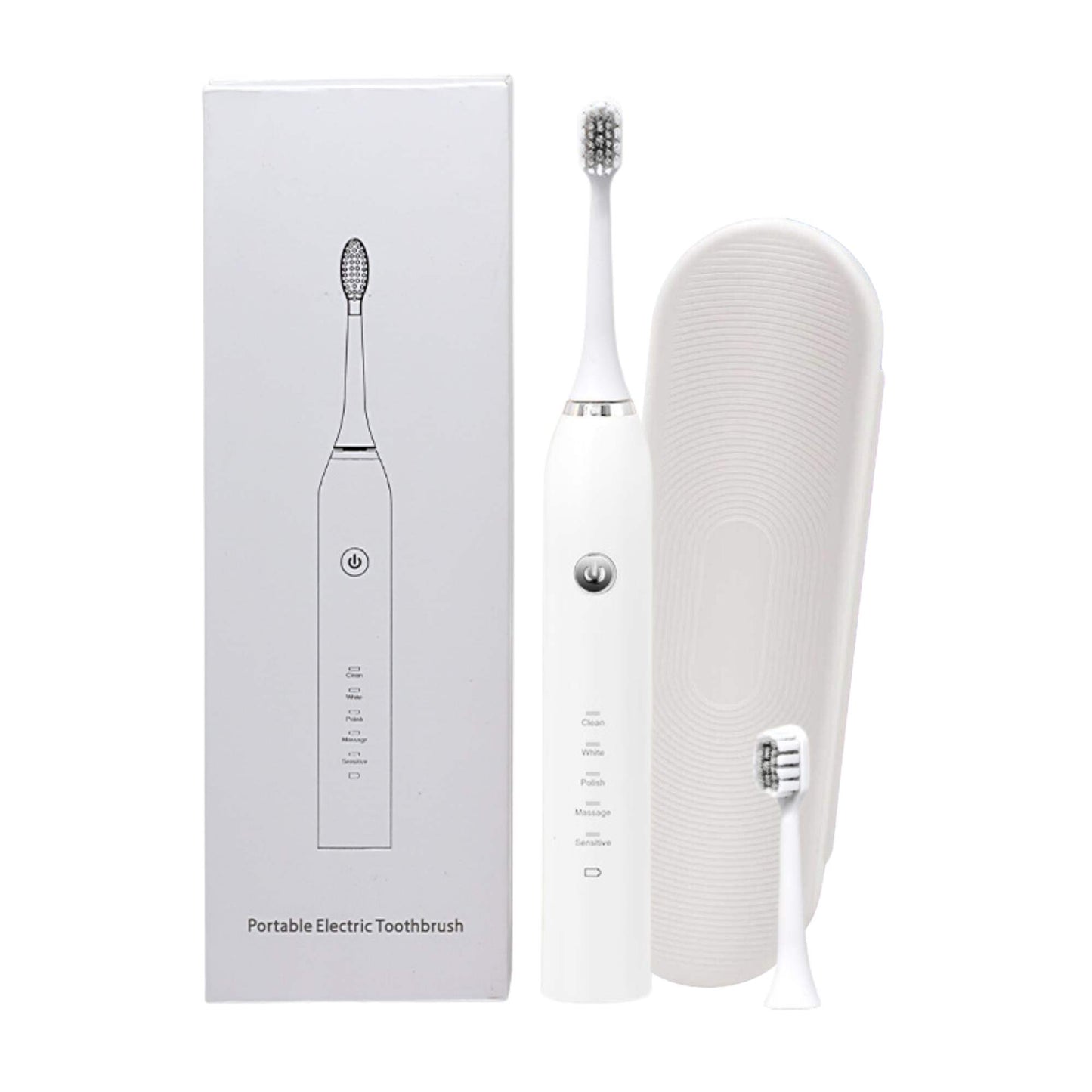 Sonic Electric Toothbrush White - Waterproof USB Charging 5 Modes 2 Heads + Case