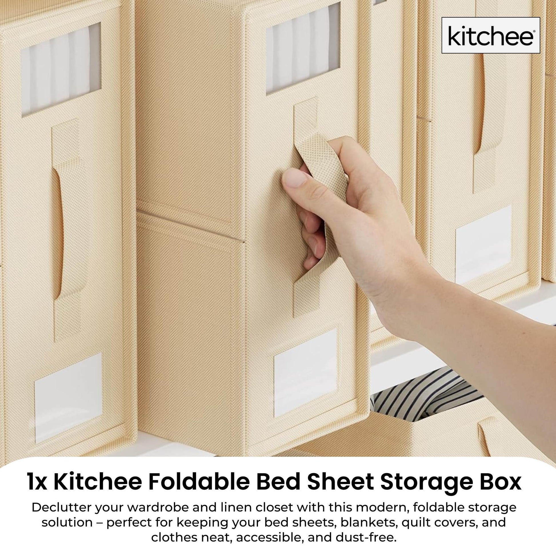 1x Kitchee Foldable Bed Sheet Storage Box - Linen and Closet Organiser Beige
