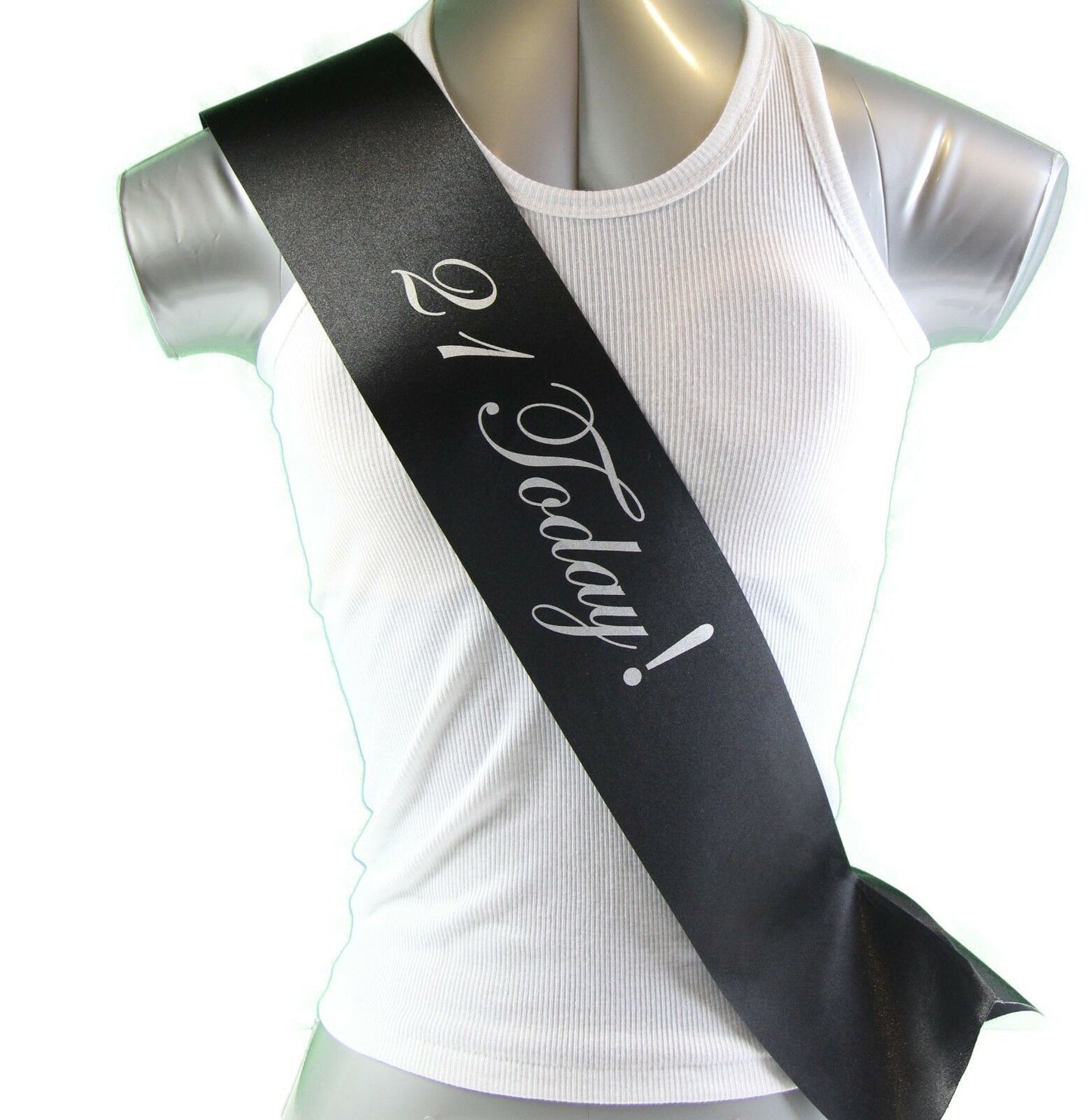 21st Birthday Sash - 21 Today! Party - Black/Silver Edwardian Font