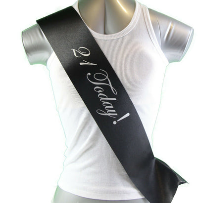 21st Birthday Sash - 21 Today! Party - Black/Silver Edwardian Font